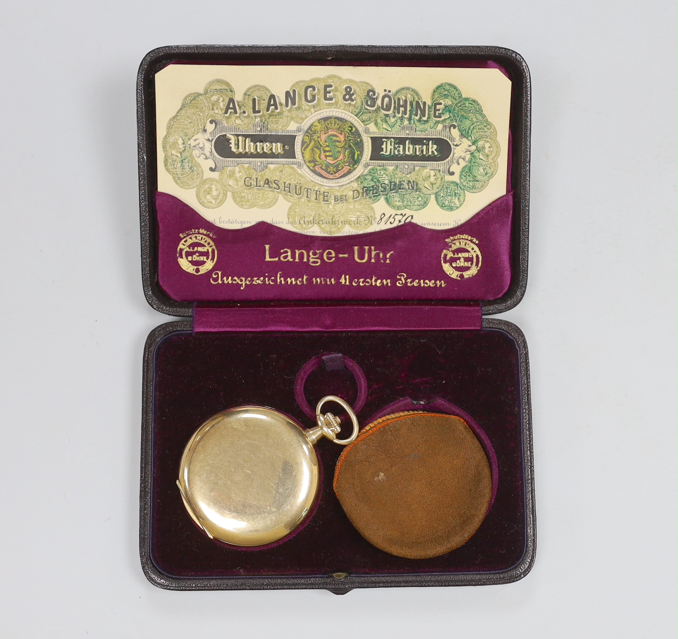 A Swiss 14k keyless hunter pocket watch by A. Lange & Sohne, with Arabic dial and subsidiary seconds, case diameter 52mm, gross weight 84 grams, with box.